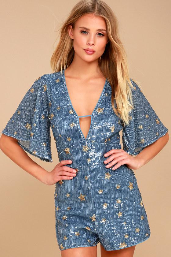 Adelyn Rae | Supernova Light Blue Sequin Star Print Romper | Size Large | 100% Polyester | Lulus