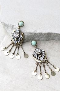 Lulus Lover Of The Light Turquoise And Gold Rhinestone Earrings