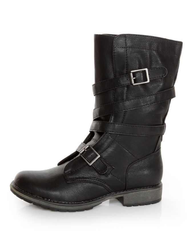 Madden Girl Raszcal Black Slouchy Belted Combat Boots | LookMazing