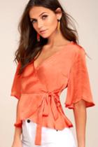 Lulus | Heart To Heart Coral Orange Satin Wrap Top | Size Large | 100% Polyester