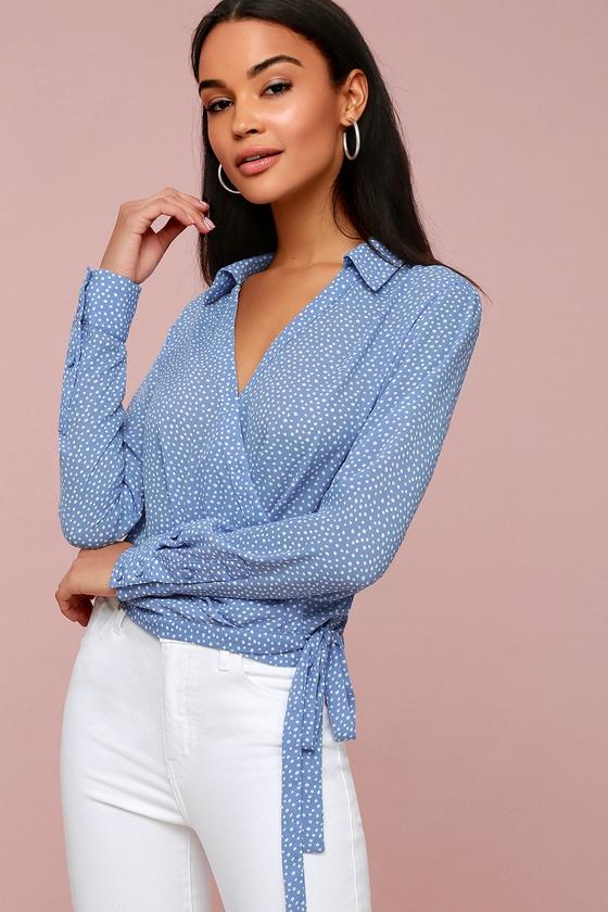 Corin White And Light Blue Polka Dot Long Sleeve Wrap Top | Lulus