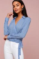 Corin White And Light Blue Polka Dot Long Sleeve Wrap Top | Lulus