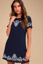 Tale To Tell White And Navy Blue Embroidered Shift Dress | Lulus