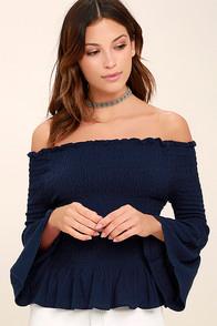 Lulus Sunny Side Navy Blue Off-the-shoulder Top