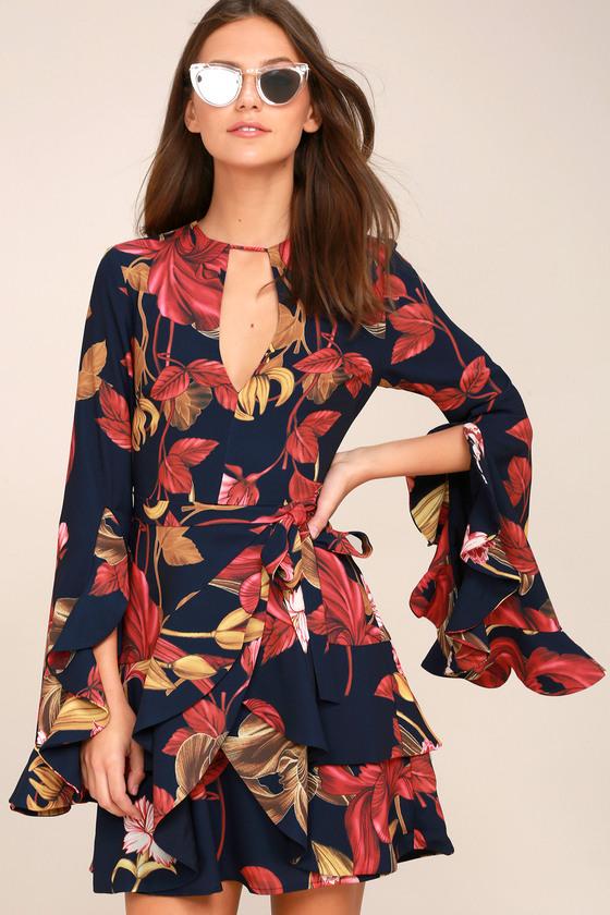 C/meo | Gossamer Navy Blue Floral Print Long Sleeve Wrap Dress | Size Xx-small | 100% Polyester | Lulus