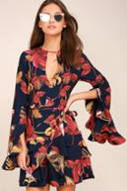 C/meo | Gossamer Navy Blue Floral Print Long Sleeve Wrap Dress | Size Xx-small | 100% Polyester | Lulus