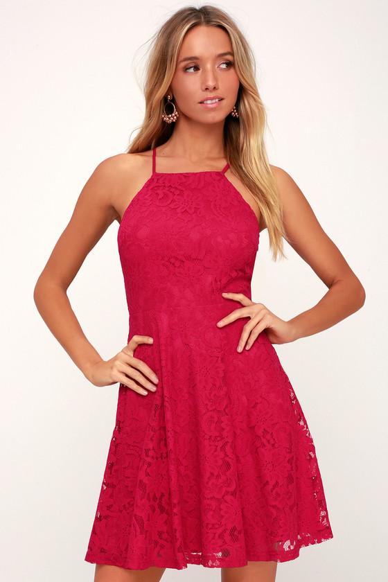 Raise A Glass Fuchsia Lace Skater Dress | Lulus