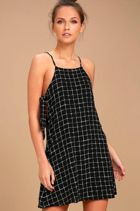 Lulus | Style Points Black Grid Print Swing Dress | Size Large | 100% Polyester