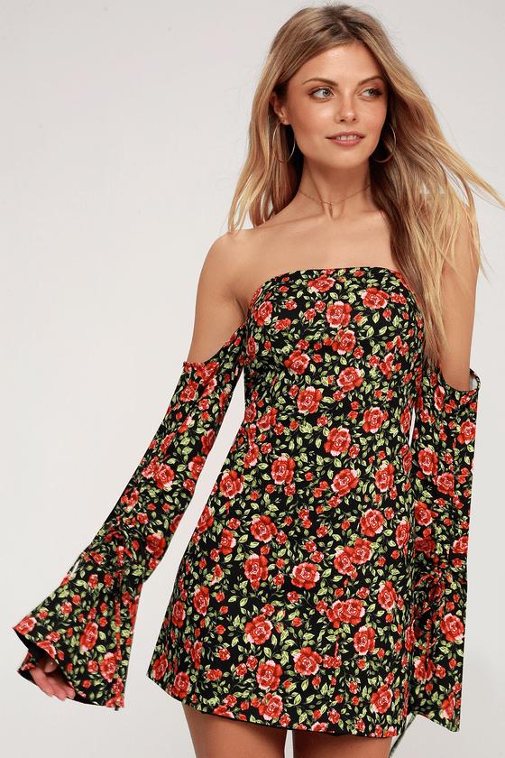 C/meo Outline Black Floral Print Long Sleeve Off-the-shoulder Dress | Lulus