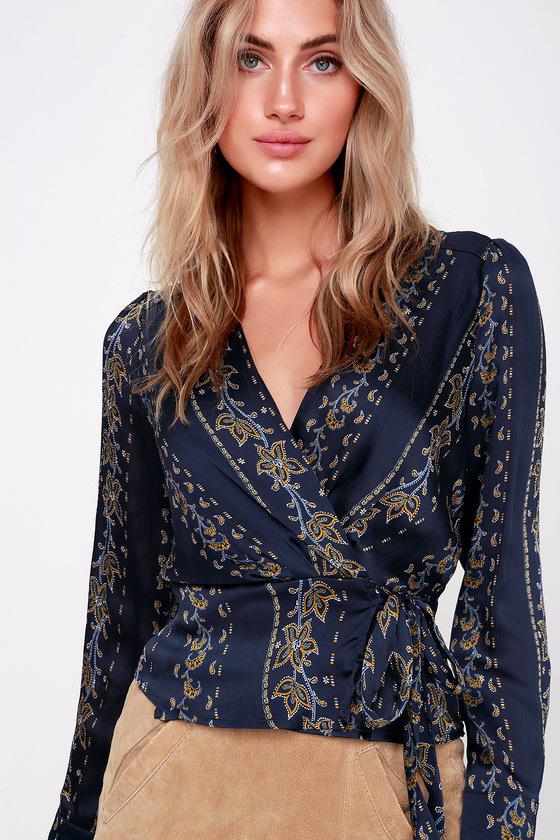 Astr The Label Kimi Navy Blue Print Long Sleeve Satin Wrap Top | Lulus