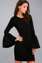 Lulus | Double Flair Black Long Sleeve Bodycon Dress | Size Medium | 100% Polyester