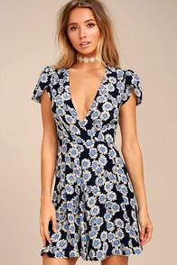 Rollas Dancer Navy Blue Floral Print Wrap Dress