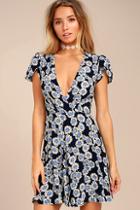 Rollas Dancer Navy Blue Floral Print Wrap Dress