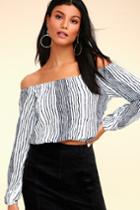 Lucy Love Let It Loose Blue And White Striped Off-the-shoulder Crop Top | Lulus