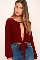 Lulus Hanging By A Moment Wine Red Long Sleeve Crop Top