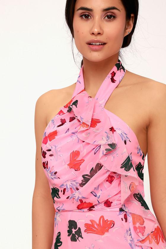 C/meo Elude Pink Floral Print Halter Midi Dress | Lulus