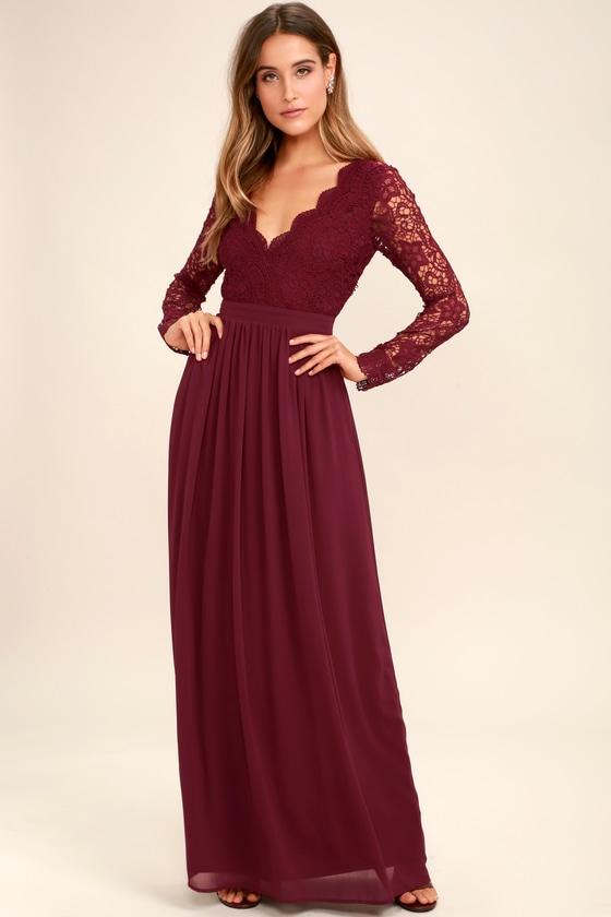 Awaken My Love Burgundy Long Sleeve Lace Maxi Dress | Lulus