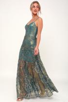 Dress The Population Antoinette Teal And Gold Metallic Lace Maxi Dress | Lulus