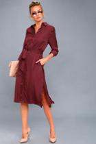 Lulus | Nine To Thrive Burgundy Long Sleeve Midi Shirt Dress | Size Large | Purple | 100% Polyester