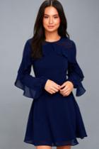 Lulus | Longtime Love Navy Blue Long Sleeve Skater Dress | Size Medium | 100% Polyester
