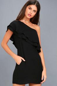 Lulus My World Black One-shoulder Shift Dress