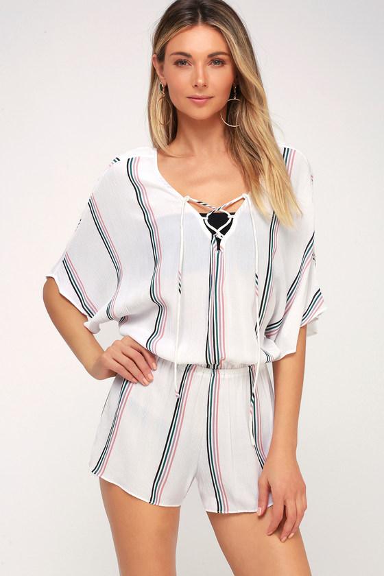 Tavik Harmony White Striped Lace-up Romper | Lulus