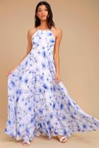 Lulus | Eternal Joy Blue Floral Print Maxi Dress | Size Large | 100% Polyester