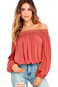 Lulus Festival Day Terra Cotta Lace Off-the-shoulder Top