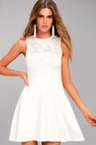Lulus | Doily Darling White Lace Skater Dress | Size Large | 100% Polyester