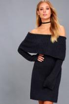 Rd Style | Weekend In Vail Navy Blue Off-the-shoulder Sweater Dress | Size X-small | Lulus