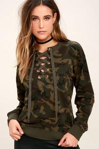 Lulus Army Of One Green Camo Print Lace-up Sweater