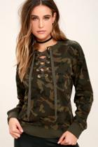 Lulus Army Of One Green Camo Print Lace-up Sweater
