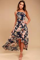 Lulus Reflection Navy Blue Floral Print High-low Wrap Day Dress