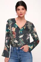 Darby Dark Charcoal Floral Print Satin Long Sleeve Top | Lulus