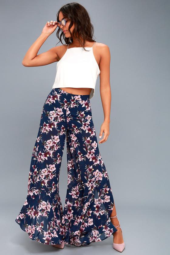 Wisteria Navy Blue Floral Print Wide Leg Pants | Lulus