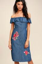 Lulus The Wander I Want Blue Chambray Embroidered Midi Dress