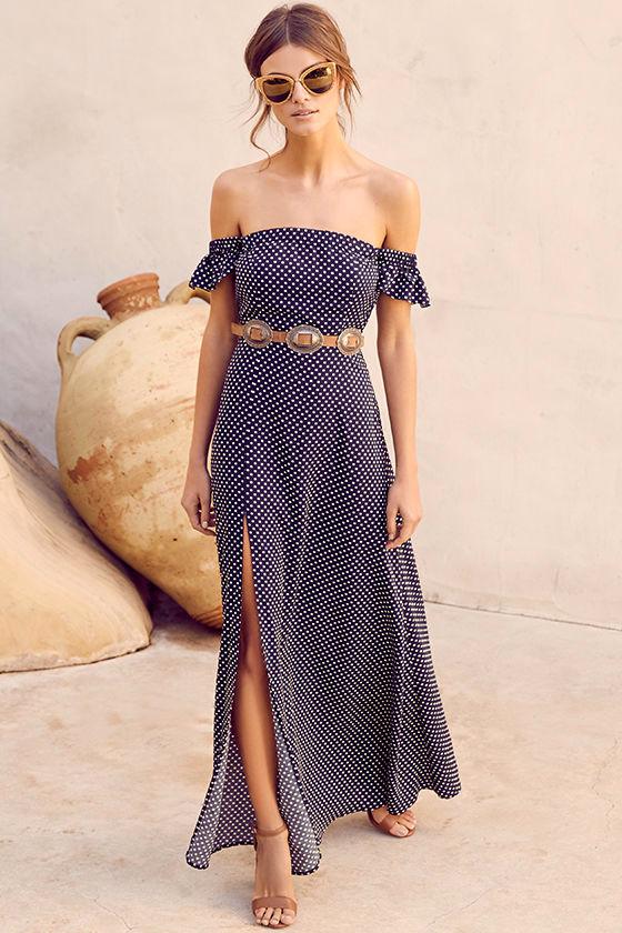 Dream Love Navy Blue Polka Dot Off-the-shoulder Maxi Dress | Lulus
