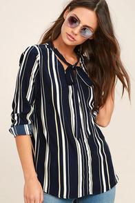 Lulus Get Down To Business Navy Blue Striped Long Sleeve Top