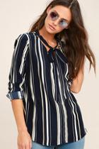 Lulus Get Down To Business Navy Blue Striped Long Sleeve Top