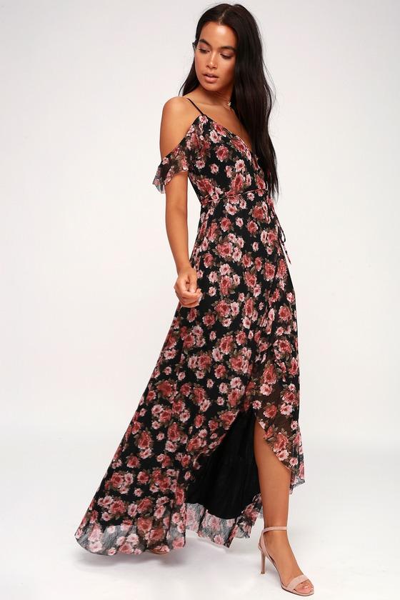 Adalynn Black Floral Print Off-the-shoulder Wrap Maxi Dress | Lulus