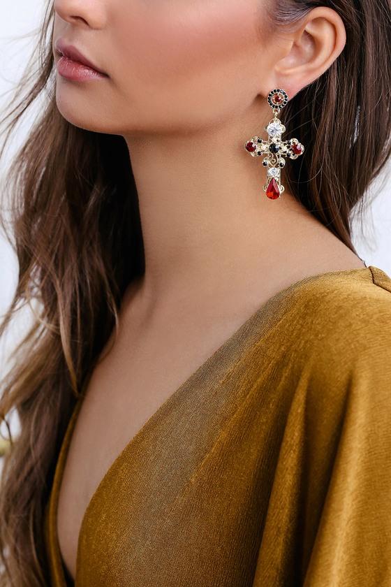 Dazzling Devotion Gold And Red Rhinestone Cross Earrings | Lulus