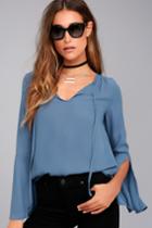 Lulus | Carefully Curated Dusty Blue Long Sleeve Top | Size X-large | 100% Polyester