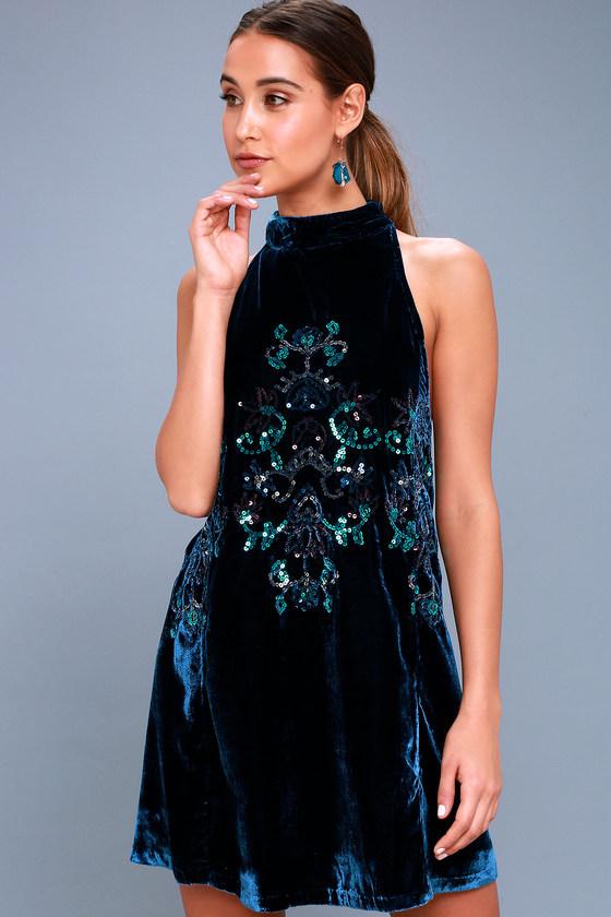 Free People | Jill's Navy Blue Velvet Sequin Swing Dress | Lulus
