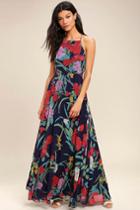 Lulus | A Dream Realized Navy Blue Floral Print Maxi Dress | Size X-small | 100% Polyester