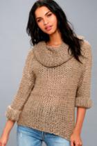 Lulus | Forever Cozy Light Brown Knit Cowl Neck Sweater | Size Medium/large