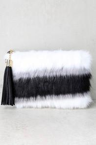 Lulus Go Fur It Black And White Faux Fur Clutch