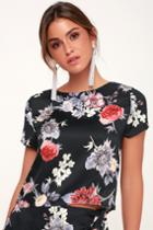 Jordan Black Satin Floral Print Short Sleeve Top | Lulus