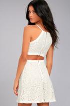 Lulus | Defying Gravity White Lace Skater Dress | Size Large | 100% Polyester