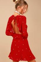 Lulus | Counting Constellations Red Embroidered Backless Dress