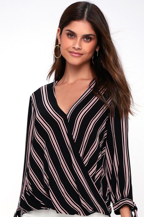 Arawata Black Striped Surplice Top | Lulus